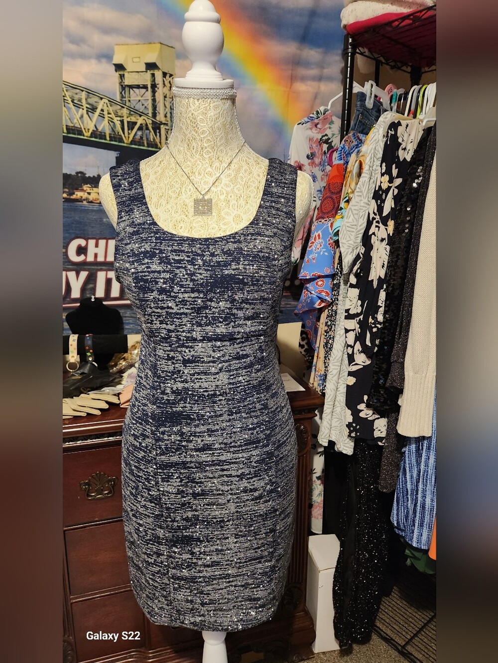 NWT FOREVER 21 SIZE MEDIUM Sleeveless Navy & SILVER Heather Knit Bodycon Dress